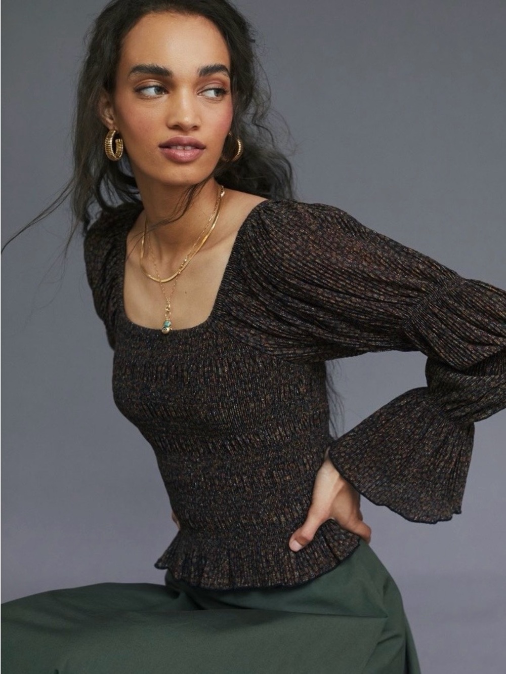 Anthropologie Bishop Smocked Metallic Shimmer Bell Sleeve Cropped Blouse.